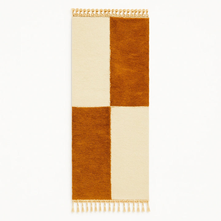 Handmade brown and white Moroccan shag runner rug with modern color-block design, thick wool pile, soft texture, and Berber-style craftsmanship for hallway or narrow spaces