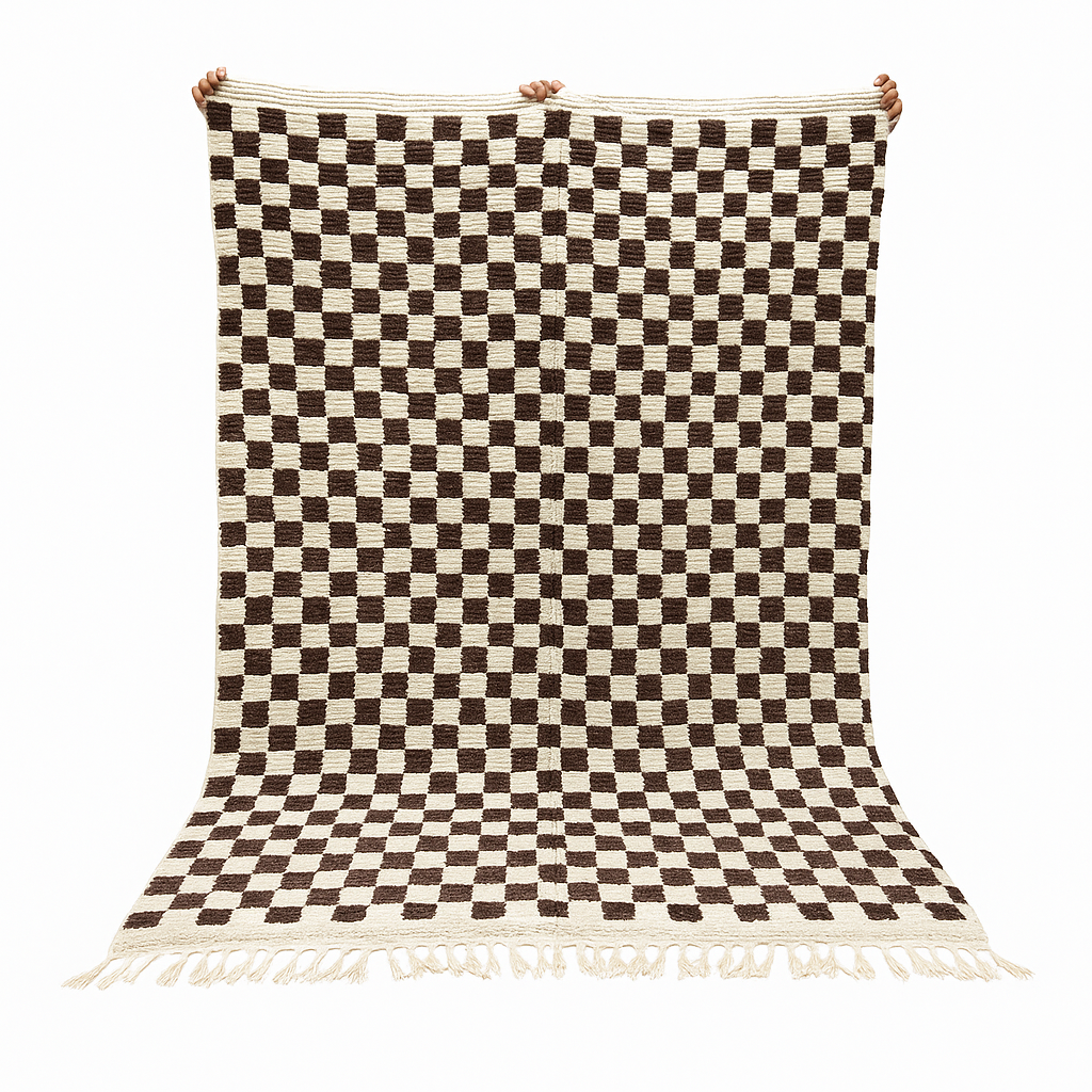 Brown and white checkered Moroccan wool rug, handmade flatweave design with geometric pattern