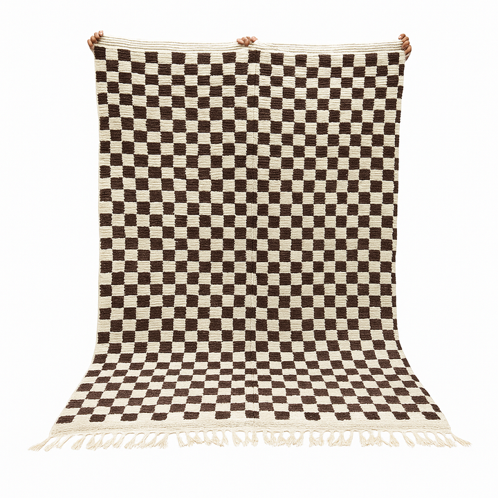 Brown and white checkered Moroccan wool rug, handmade flatweave design with geometric pattern
