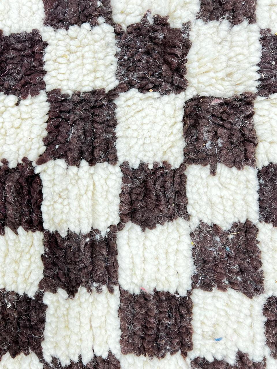 Brown and white checkered Moroccan wool rug, handmade flatweave design with geometric pattern