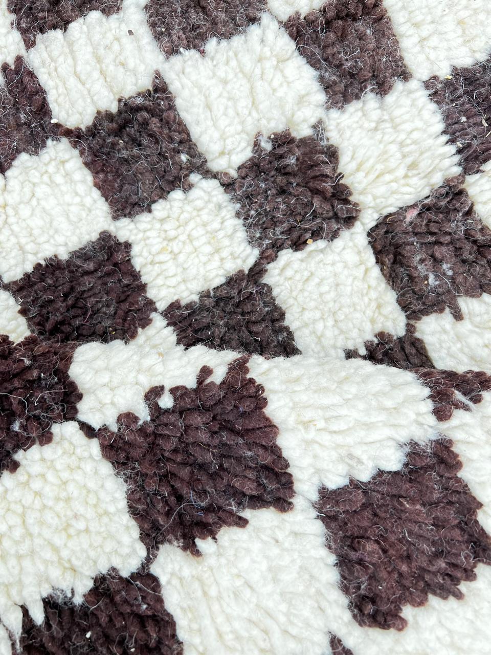 Brown and white checkered Moroccan wool rug, handmade flatweave design with geometric pattern