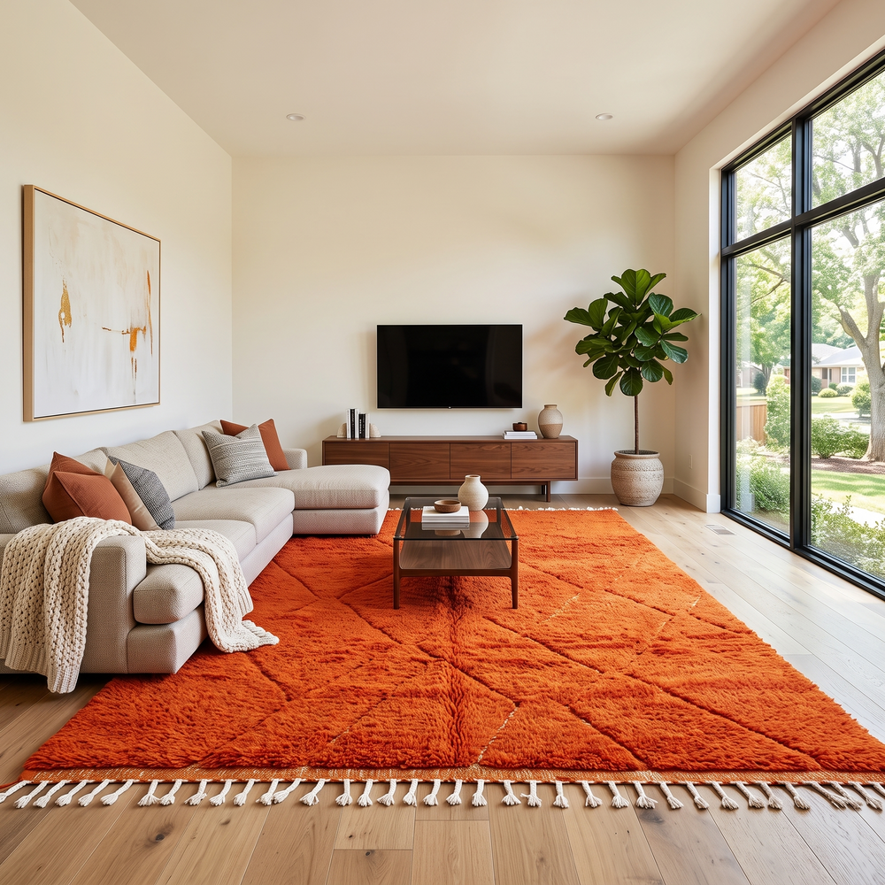 Handmade burnt orange Moroccan wool rug with diamond pattern and natural wool texture