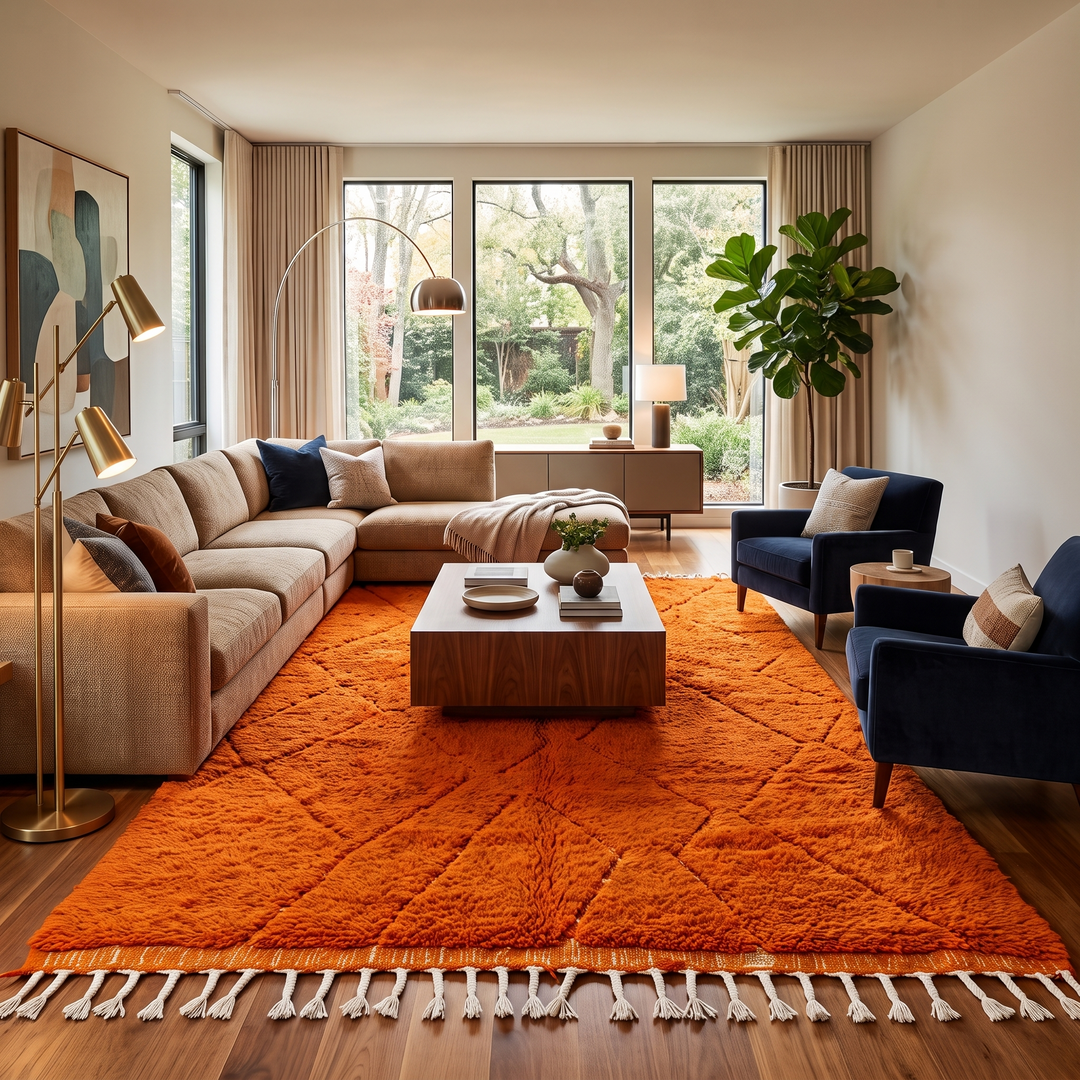 Handmade burnt orange Moroccan wool rug with diamond pattern and natural wool texture