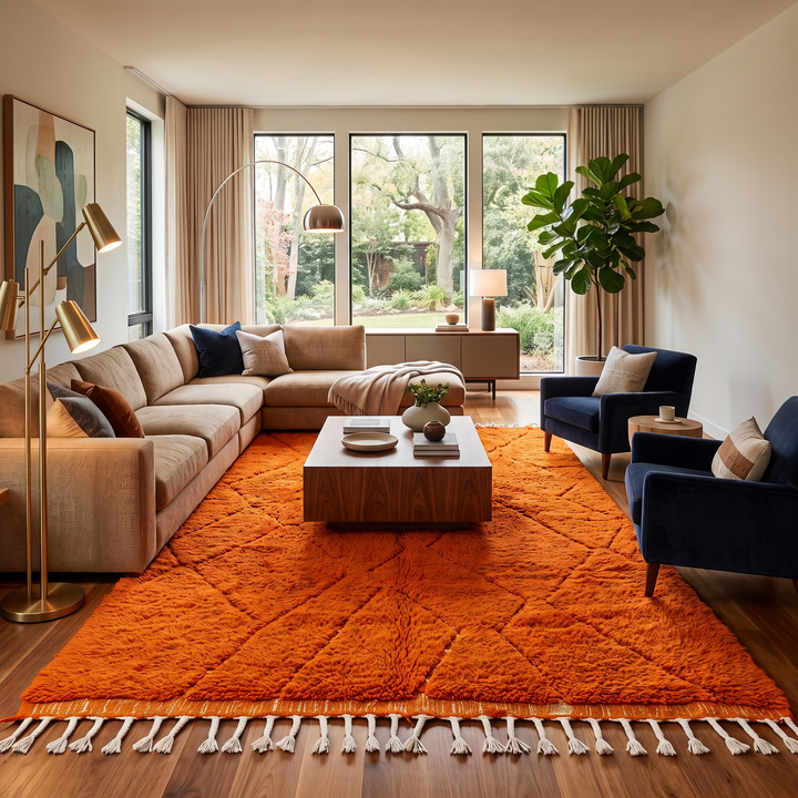 Handmade burnt orange Moroccan wool rug with diamond pattern and natural wool texture