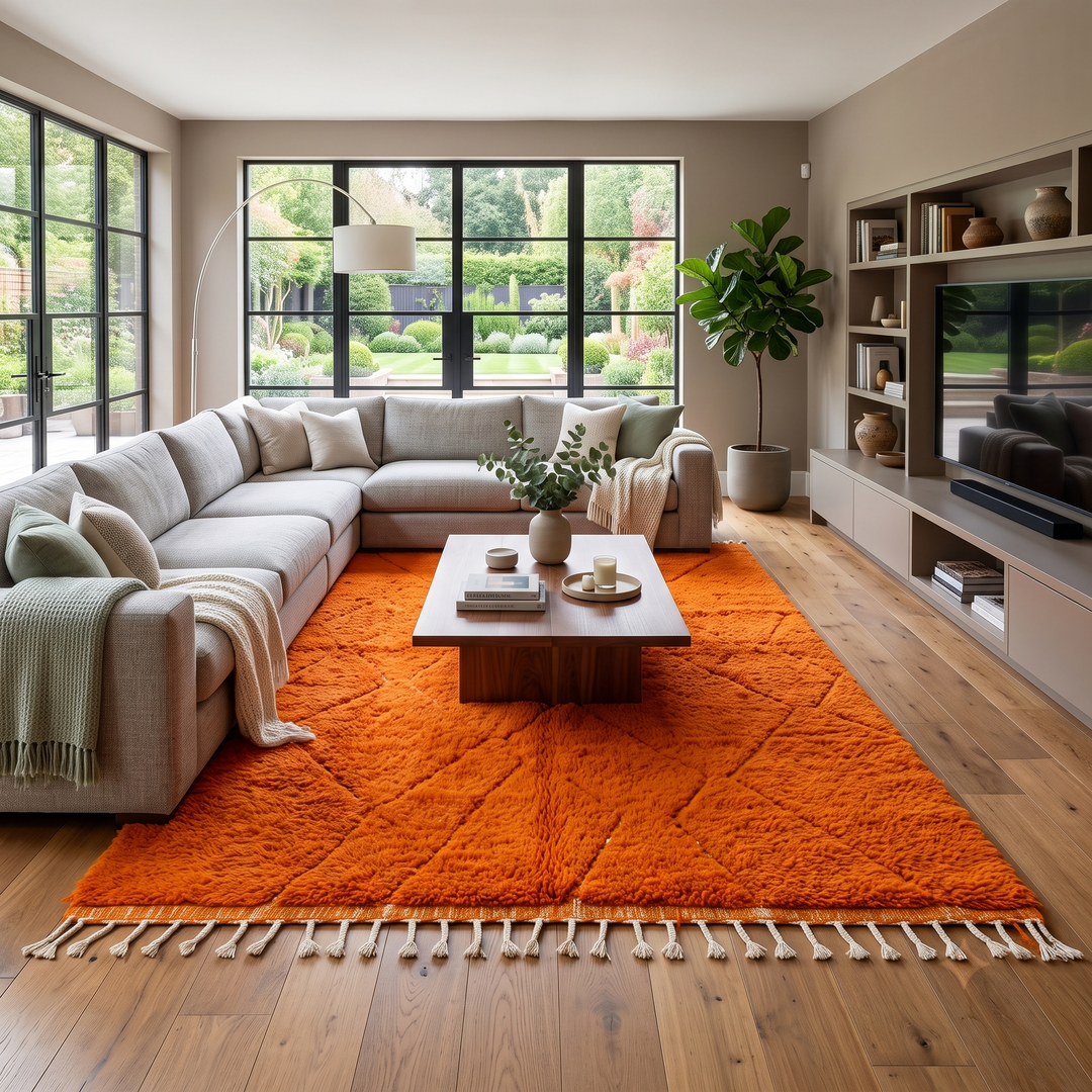 Handmade burnt orange Moroccan wool rug with diamond pattern and natural wool texture