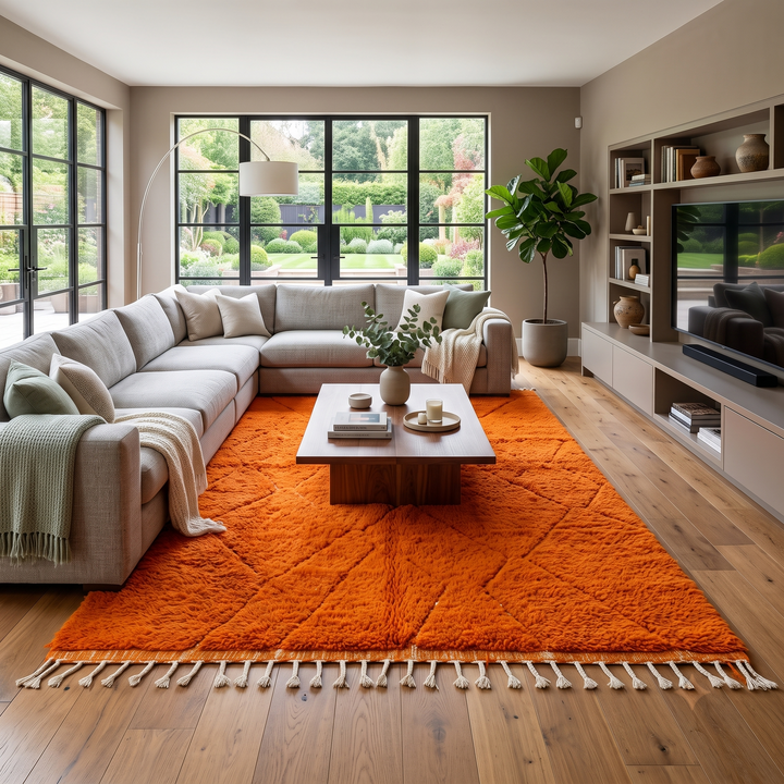Handmade burnt orange Moroccan wool rug with diamond pattern and natural wool texture