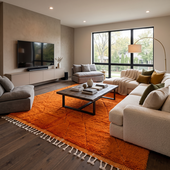 Handmade burnt orange Moroccan wool rug with diamond pattern and natural wool texture