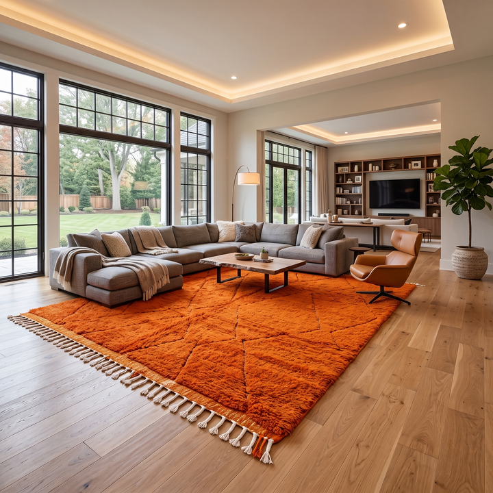 Handmade burnt orange Moroccan wool rug with diamond pattern and natural wool texture