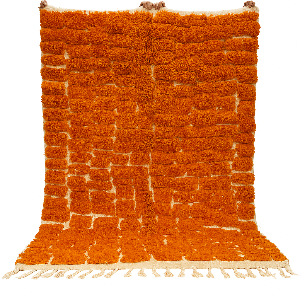 Handmade burnt orange Moroccan wool rug with ivory checkerboard pattern – Beni Mrirt design