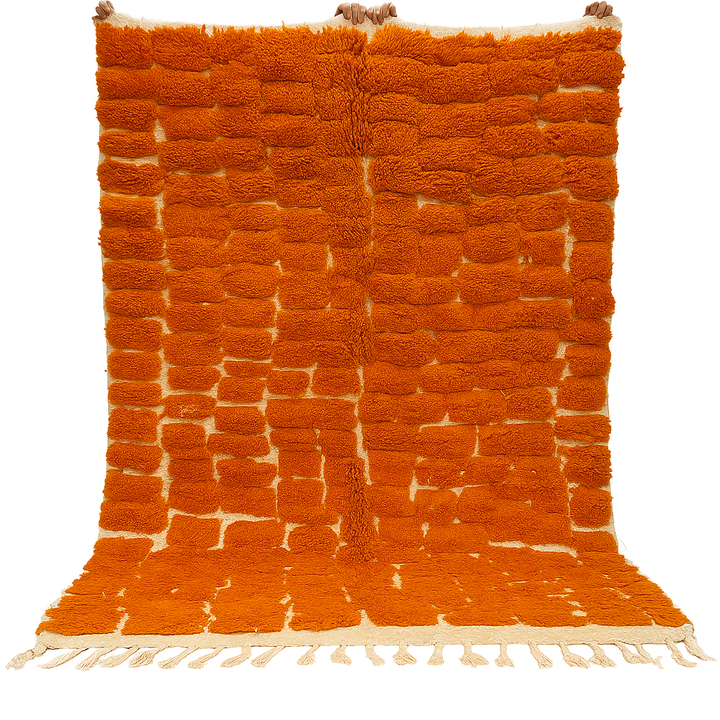 Handmade burnt orange Moroccan wool rug with ivory checkerboard pattern – Beni Mrirt design