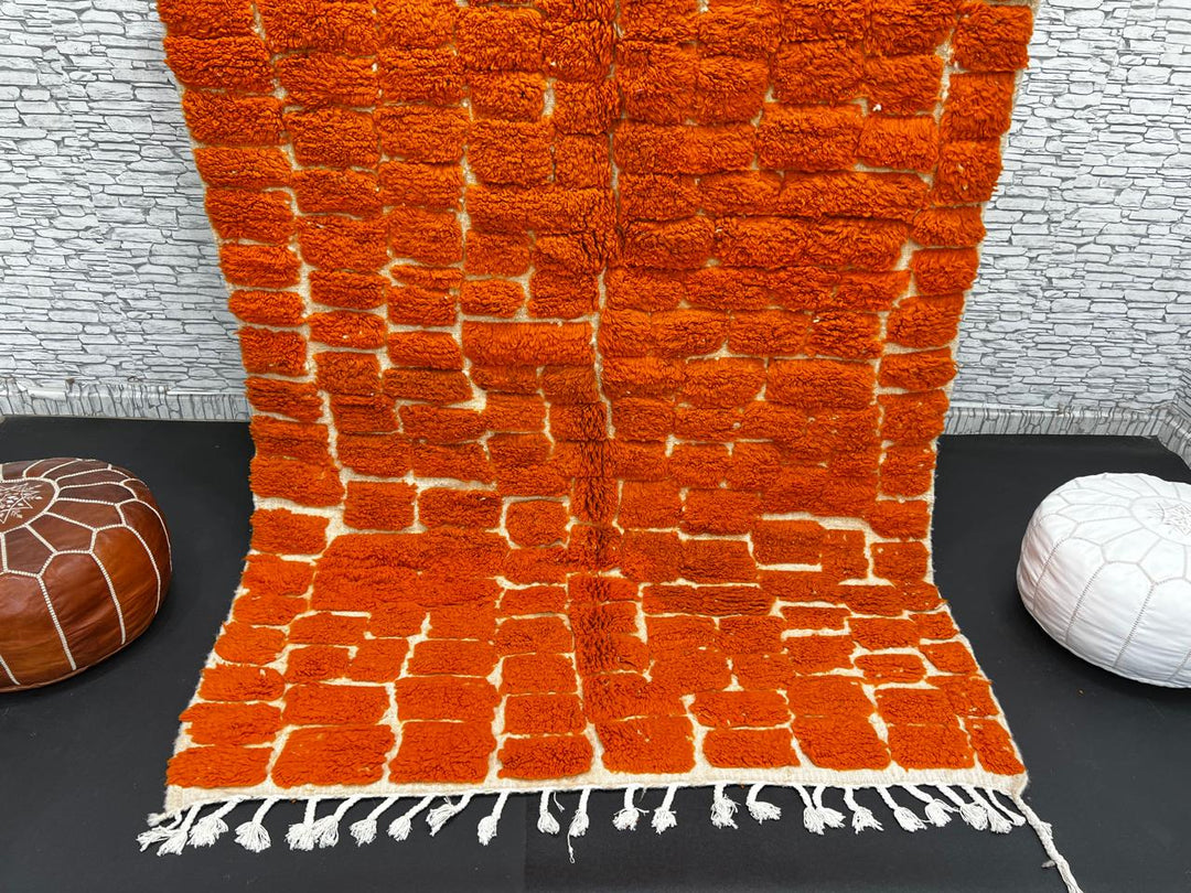 Handmade burnt orange Moroccan wool rug with ivory checkerboard pattern – Beni Mrirt design