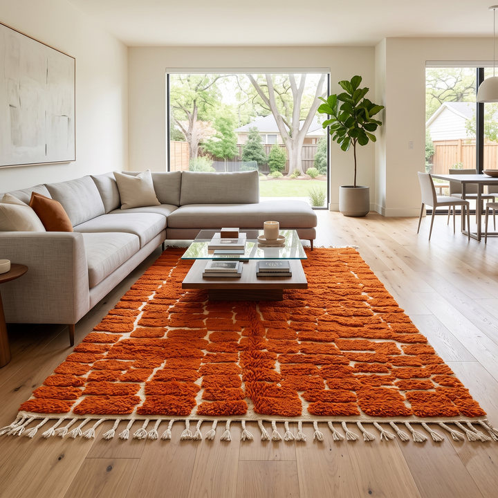 Handmade burnt orange Moroccan wool rug with ivory checkerboard pattern – Beni Mrirt design