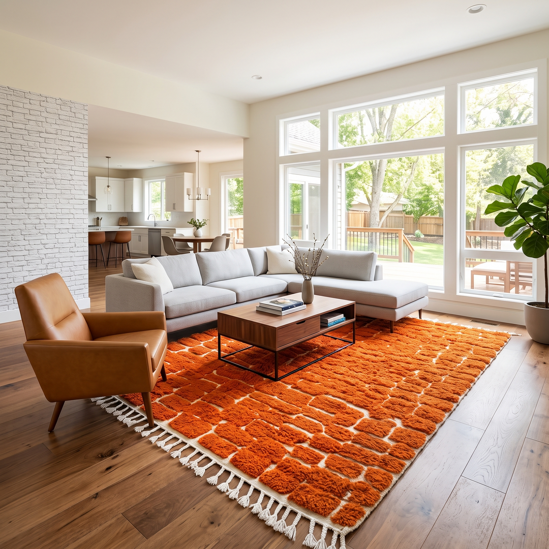 Handmade burnt orange Moroccan wool rug with ivory checkerboard pattern – Beni Mrirt design
