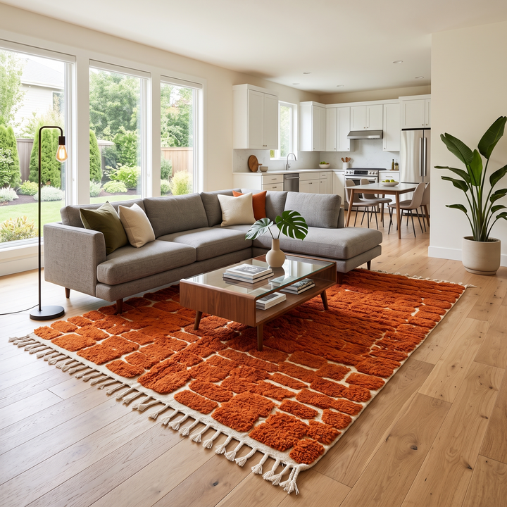 Handmade burnt orange Moroccan wool rug with ivory checkerboard pattern – Beni Mrirt design