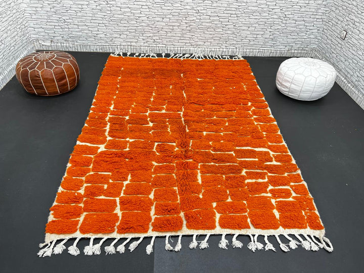 Handmade burnt orange Moroccan wool rug with ivory checkerboard pattern – Beni Mrirt design