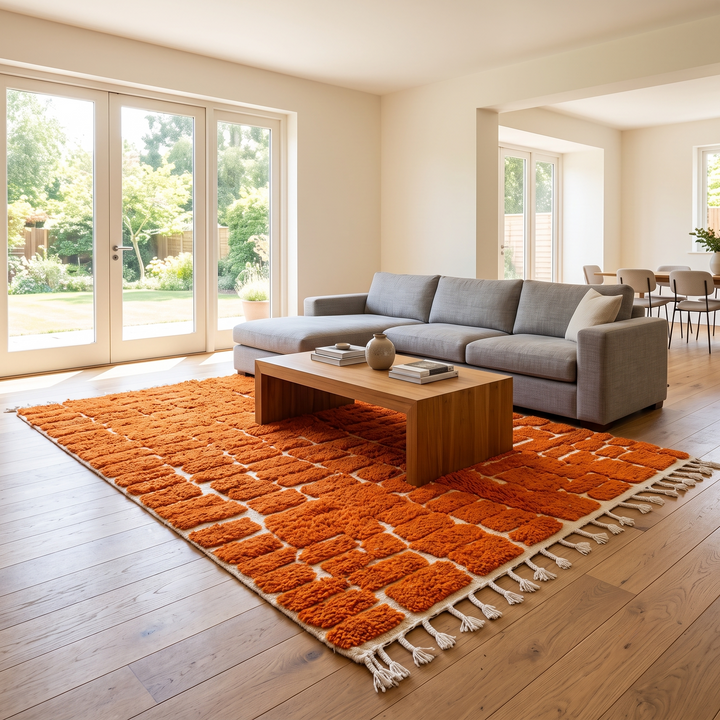 Handmade burnt orange Moroccan wool rug with ivory checkerboard pattern – Beni Mrirt design