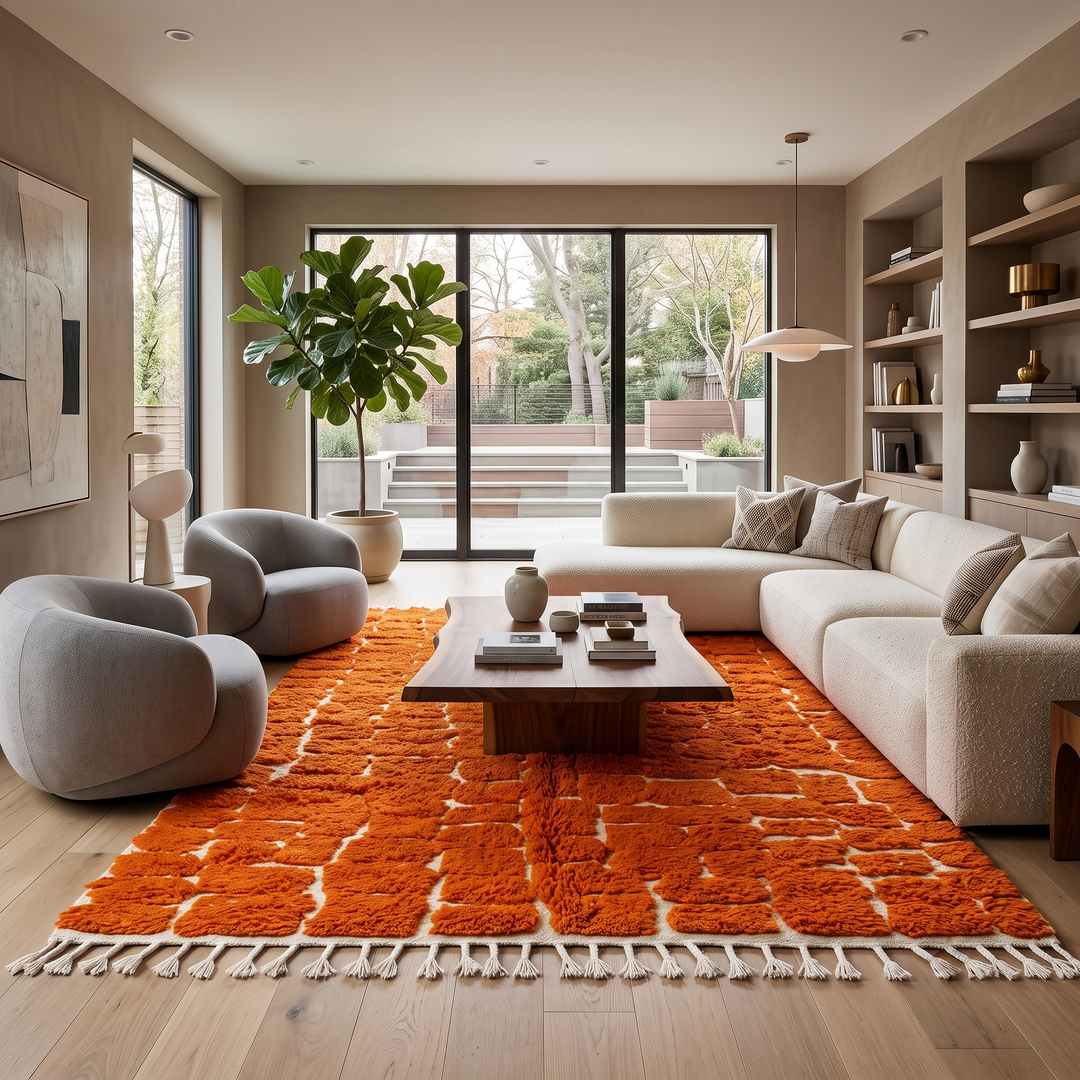 Handmade burnt orange Moroccan wool rug with ivory checkerboard pattern – Beni Mrirt design