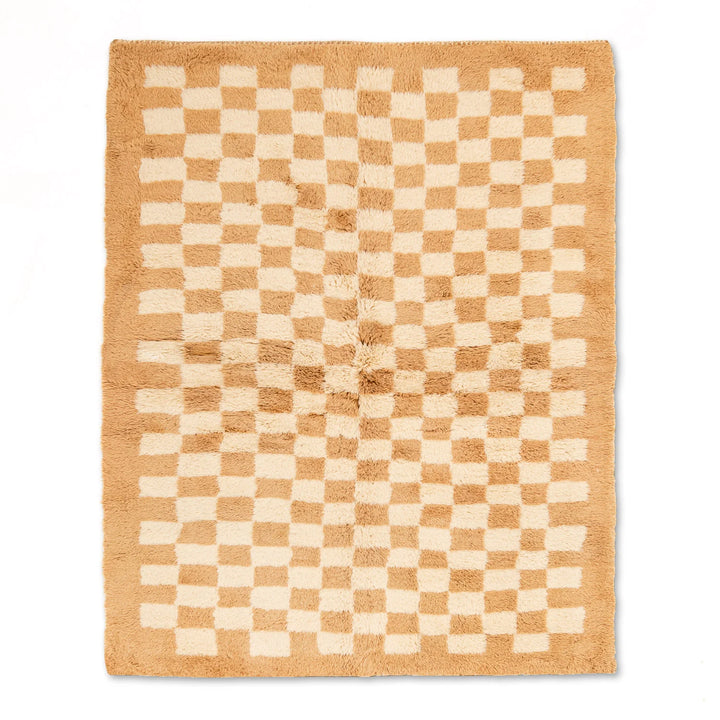 Camel and Cream Checkerboard Wool Rug – Handmade Moroccan Style