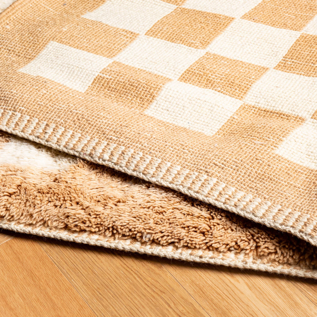 Camel and Cream Checkerboard Wool Rug – Handmade Moroccan Style
