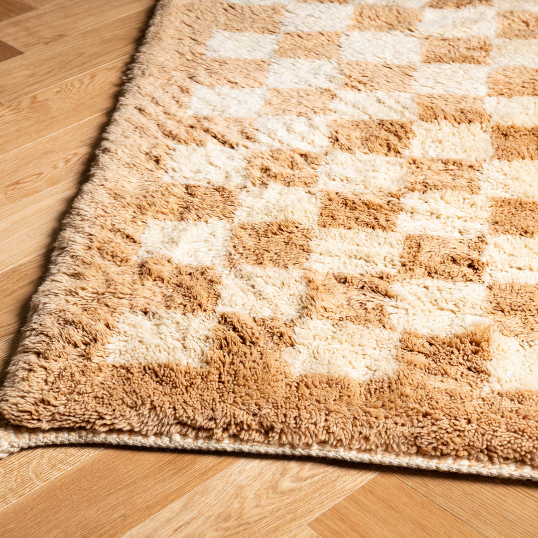 Camel and Cream Checkerboard Wool Rug – Handmade Moroccan Style