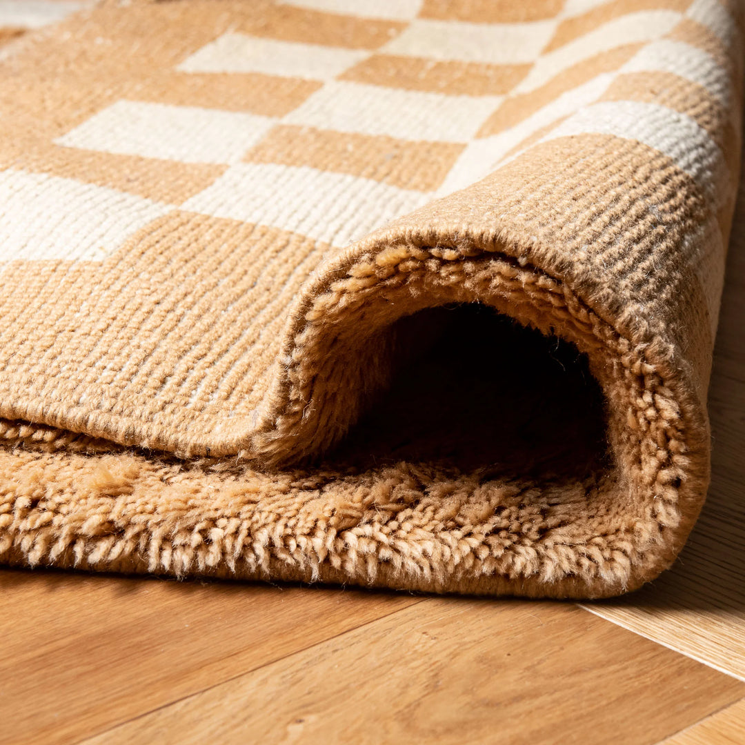 Camel and Cream Checkerboard Wool Rug – Handmade Moroccan Style