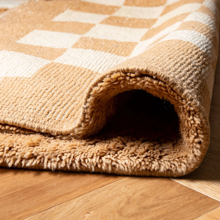 Camel and Cream Checkerboard Wool Rug – Handmade Moroccan Style