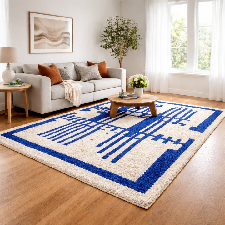 Blue moroccan rug with Abstract Geometric Berber Design