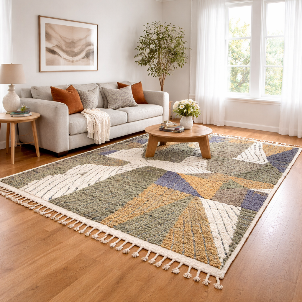 Geometric Moroccan Wool Rug – Handmade Modern Patchwork