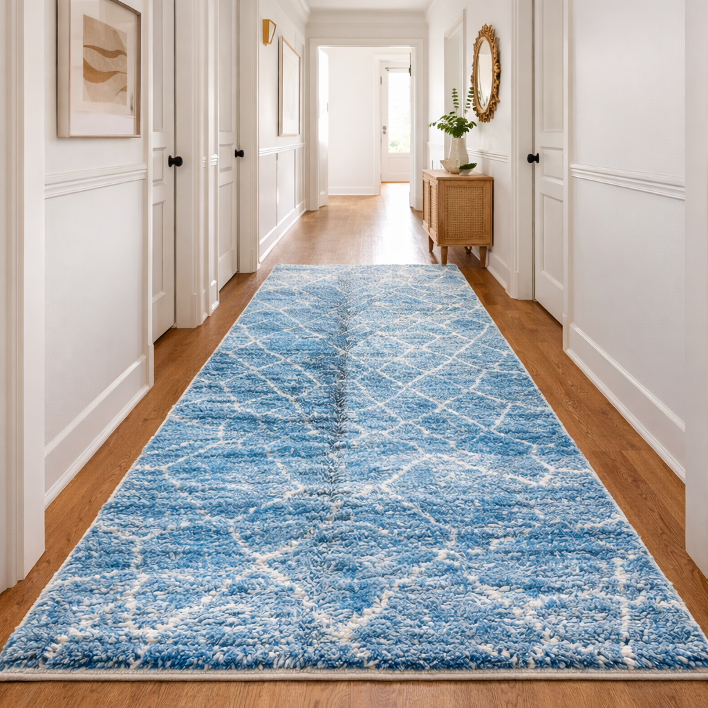 Blue Moroccan Wool Rug with Geometric Diamond Pattern