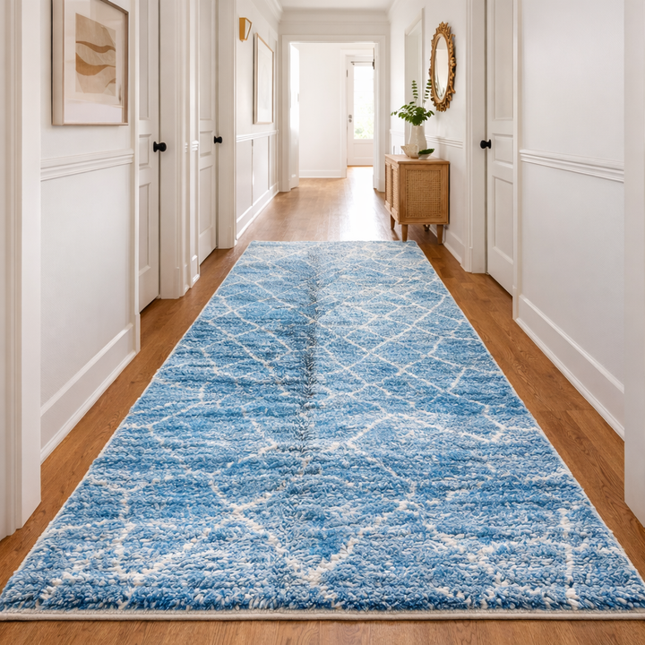Blue Moroccan Wool Rug with Geometric Diamond Pattern