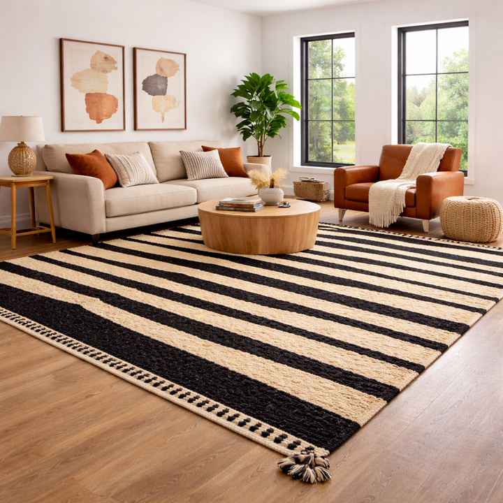 Striped Moroccan Wool Rug – Black and Beige Zebra Pattern