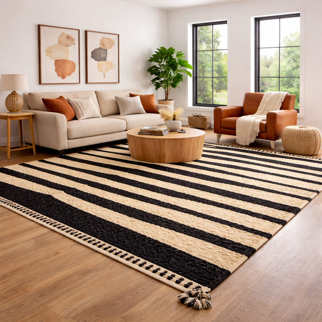 Luxury Beni Mrirt Rug – Black &amp; Beige Zebra Stripe Design