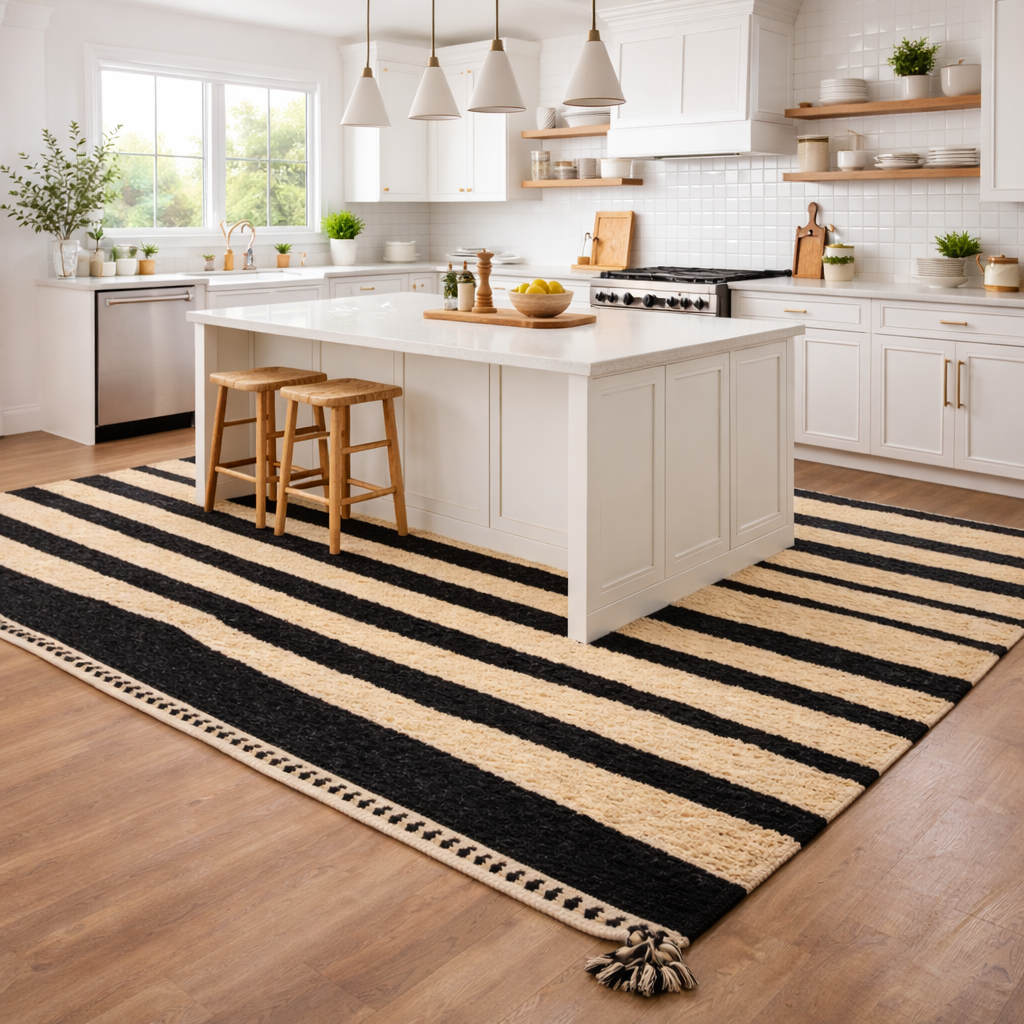 Striped Moroccan Wool Rug – Black and Beige Zebra Pattern