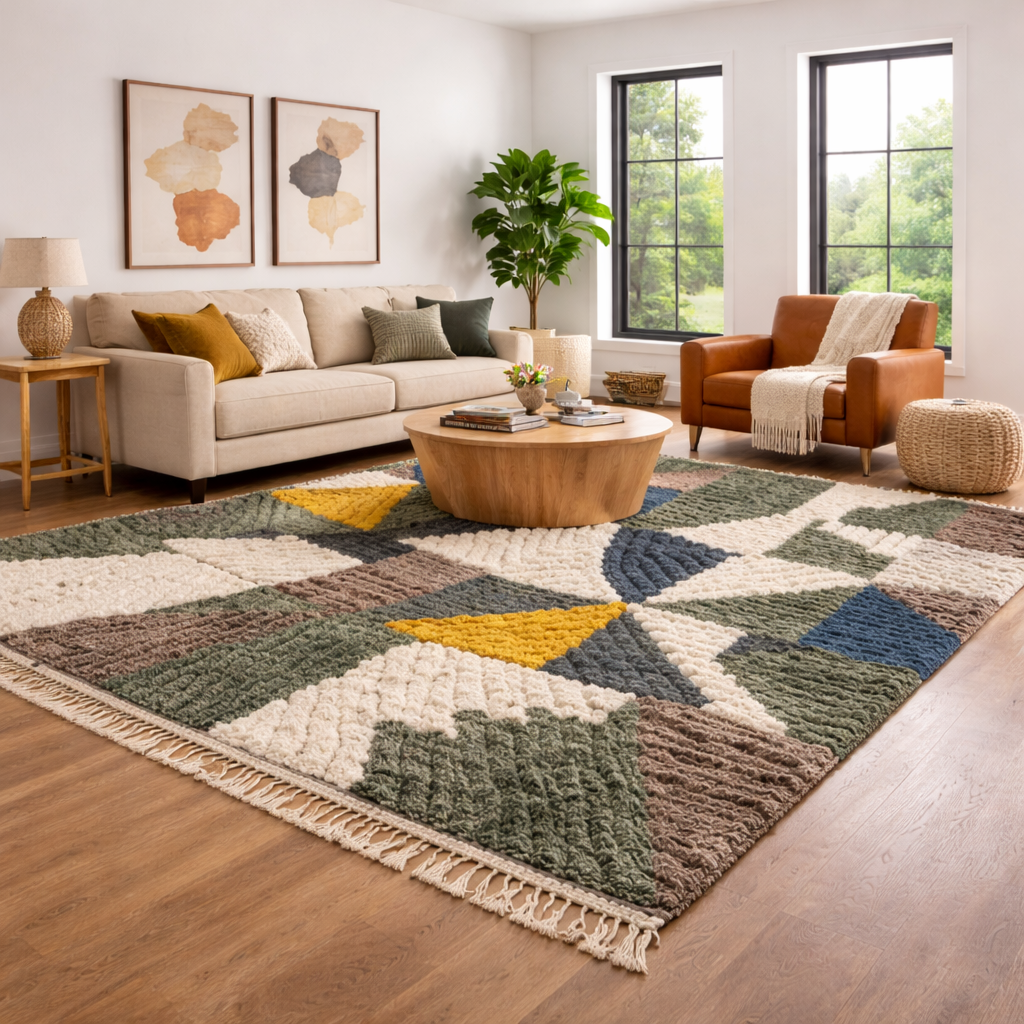 Geometric Moroccan Wool Rug – Handmade Modern Patchwork