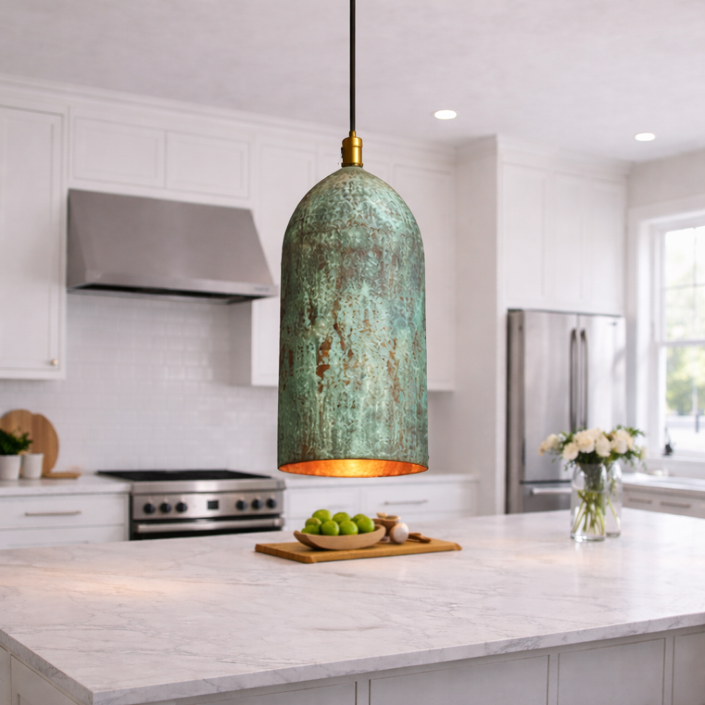 Handmade Moroccan Copper Pendant Light – Green Patina Hanging Lamp for Kitchen Island