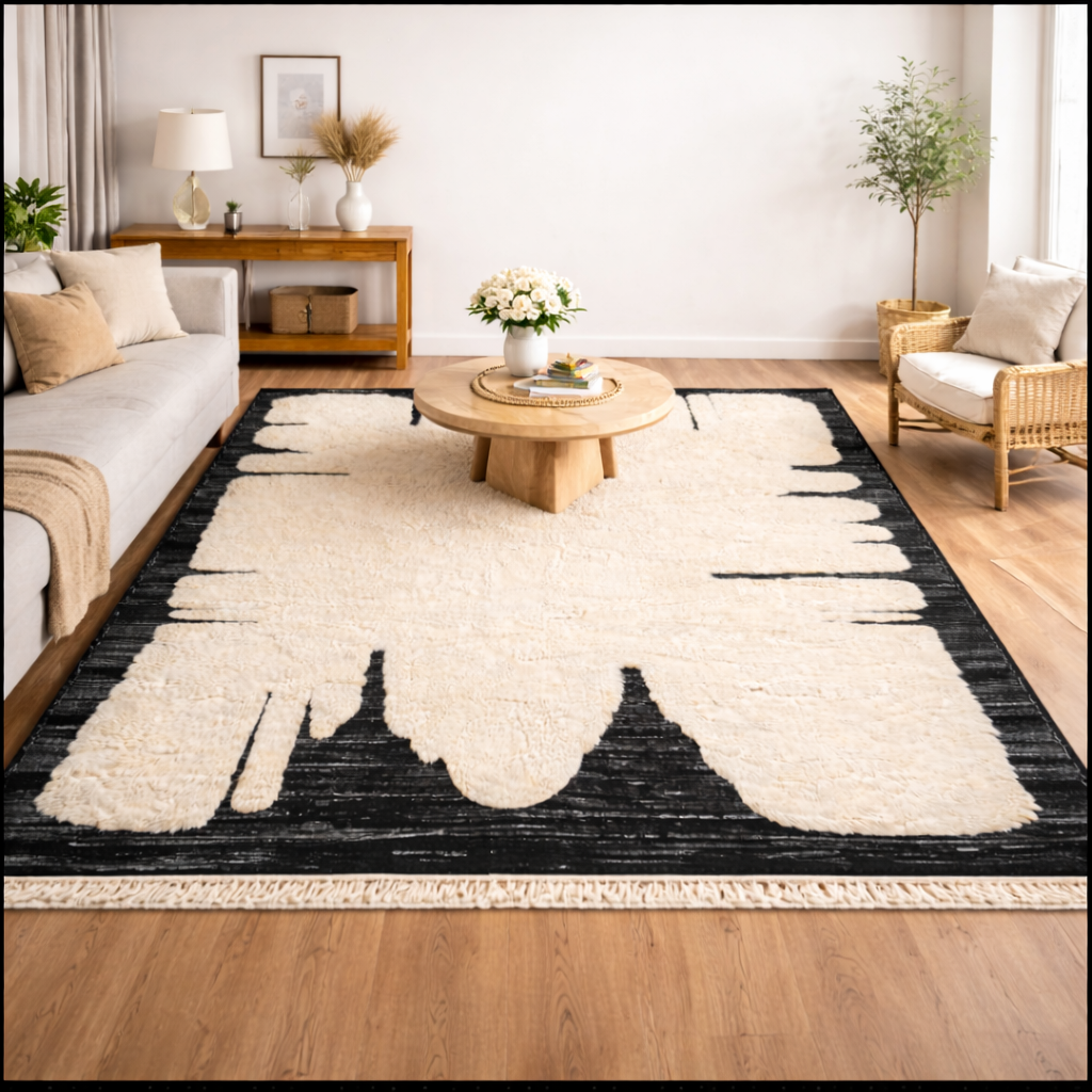 Abstract Cream and Black Wool Moroccan Rug – Modern Handmade Art