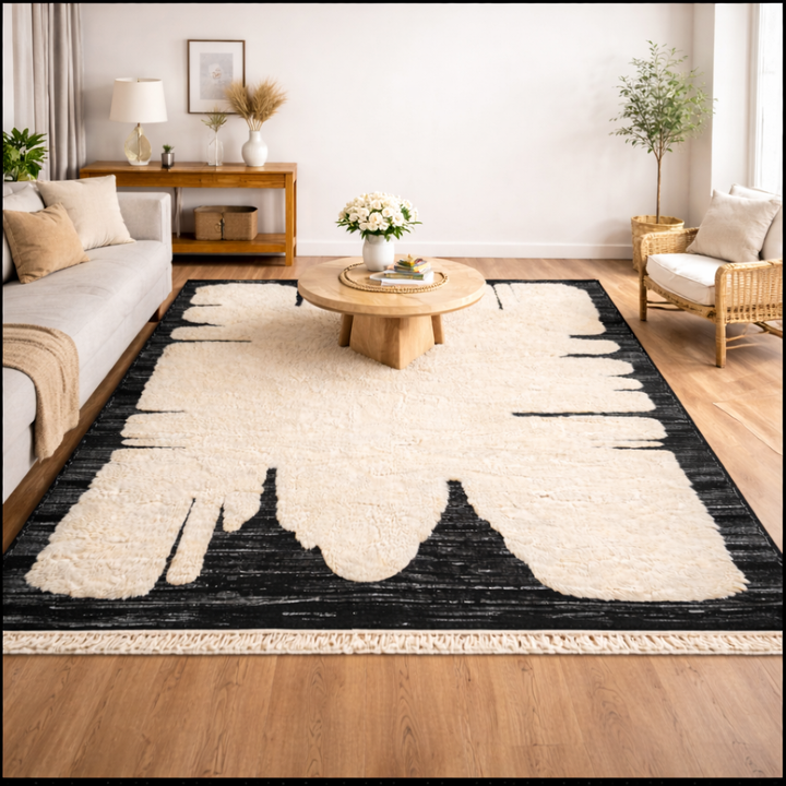 Abstract Cream and Black Wool Moroccan Rug – Modern Handmade Art