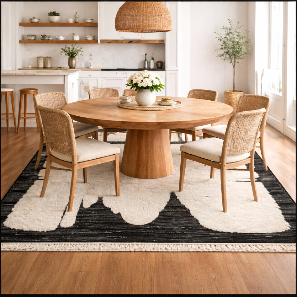 Abstract Cream and Black Wool Moroccan Rug – Modern Handmade Art