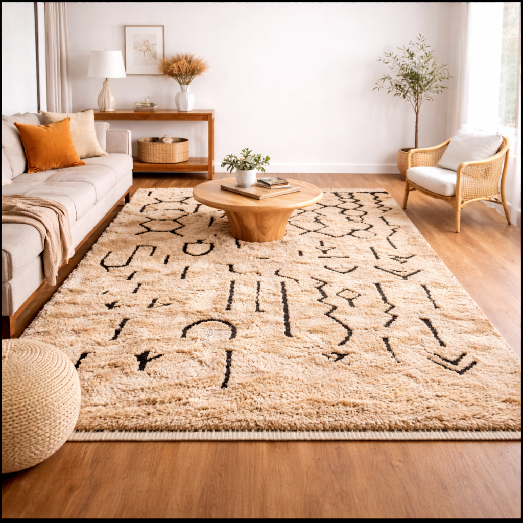 Beni Mrirt Wool Rug – Beige with Black Berber Motifs