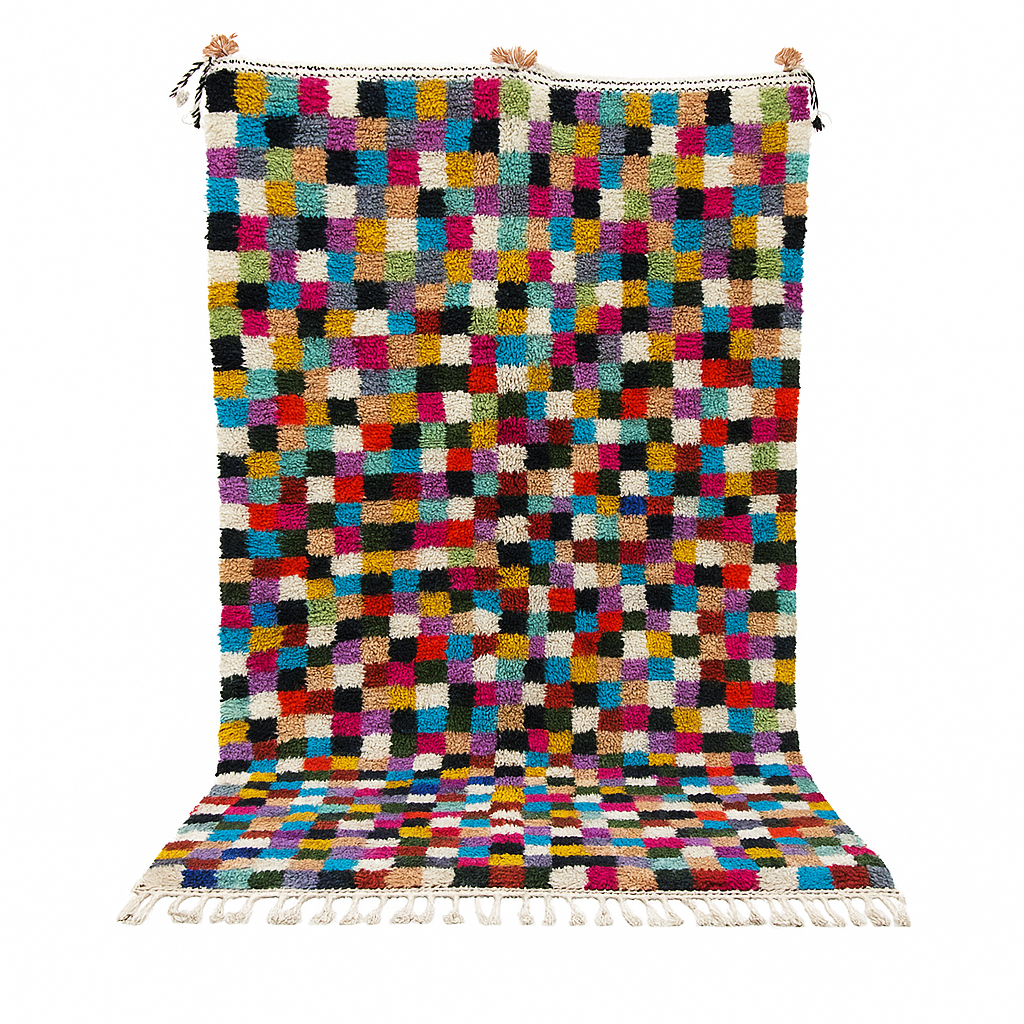Checkerboard Moroccan wool rug handmade in natural ivory with multicolor squares