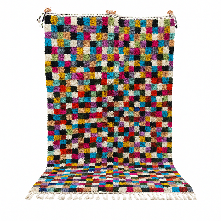 Checkerboard Moroccan wool rug handmade in natural ivory with multicolor squares