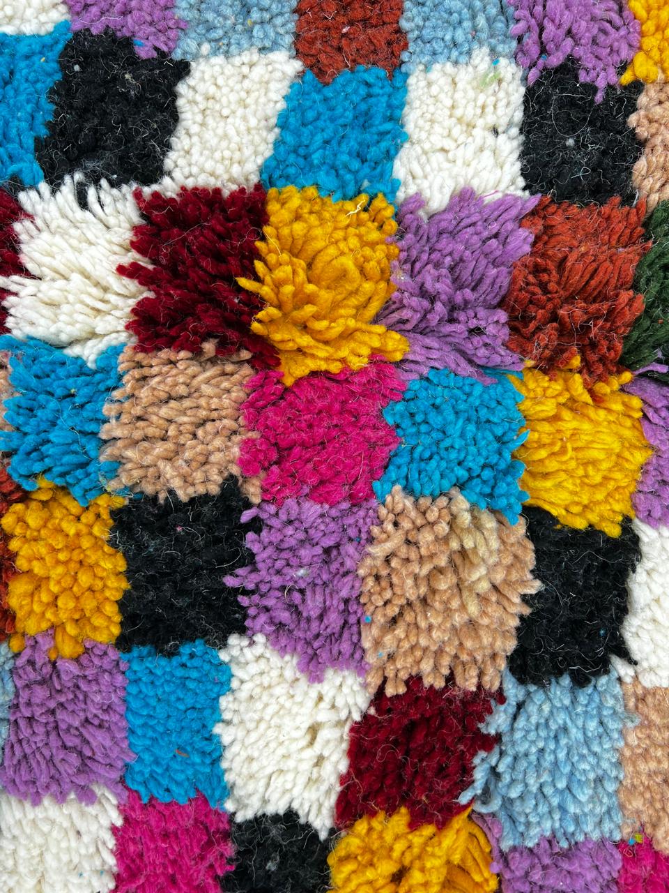 Checkerboard Moroccan wool rug handmade in natural ivory with multicolor squares