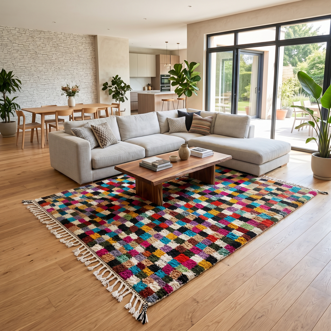 Checkerboard Moroccan wool rug handmade in natural ivory with multicolor squares