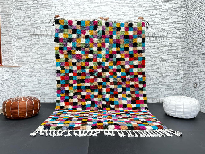 Checkerboard Moroccan wool rug handmade in natural ivory with multicolor squares