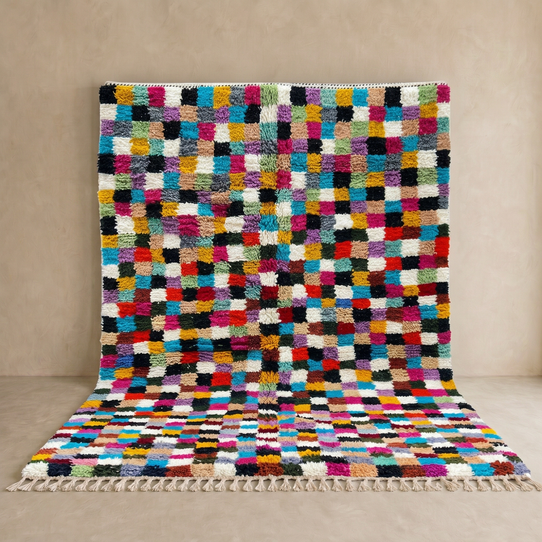 Checkerboard Moroccan wool rug handmade in natural ivory with multicolor squares