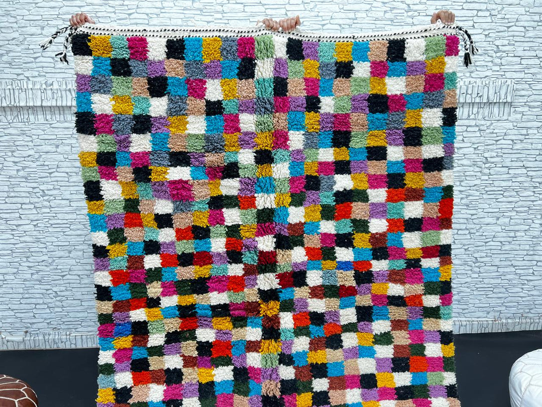 Checkerboard Moroccan wool rug handmade in natural ivory with multicolor squares
