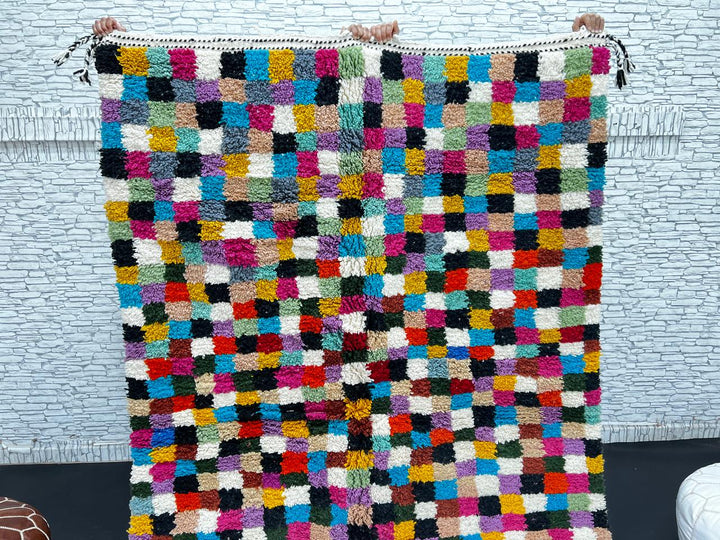 Checkerboard Moroccan wool rug handmade in natural ivory with multicolor squares