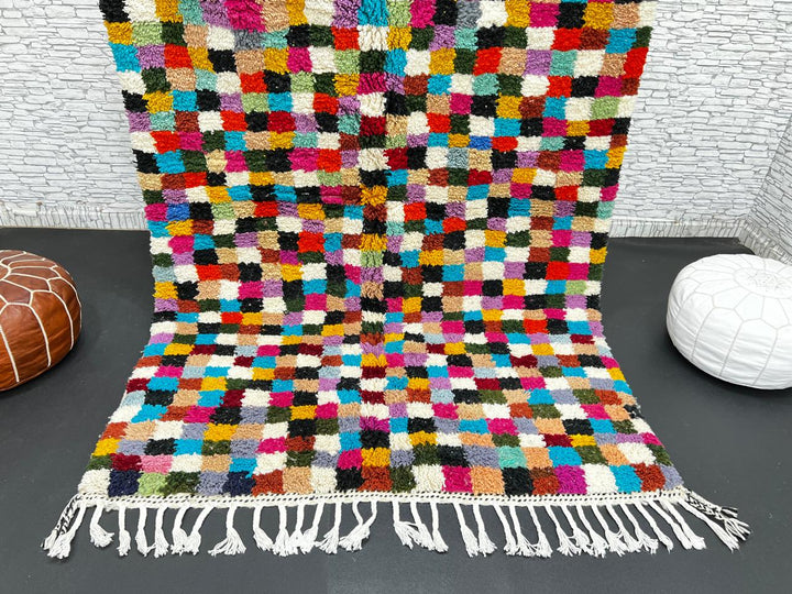 Checkerboard Moroccan wool rug handmade in natural ivory with multicolor squares