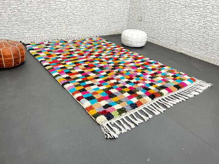 Checkerboard Moroccan wool rug handmade in natural ivory with multicolor squares