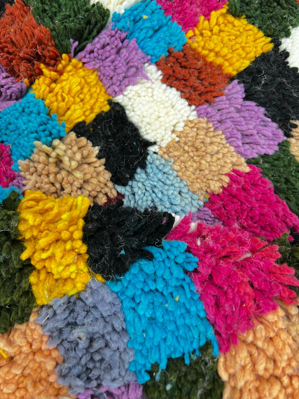 Checkerboard Moroccan wool rug handmade in natural ivory with multicolor squares